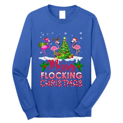 Flamingo Noel Hats Dancing On Snow Merry Flocking Christmas Gift Long Sleeve Shirt