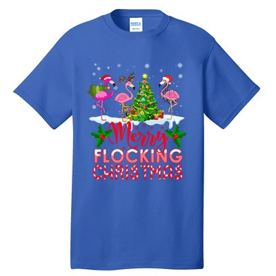 Flamingo Noel Hats Dancing On Snow Merry Flocking Christmas Gift Tall T-Shirt