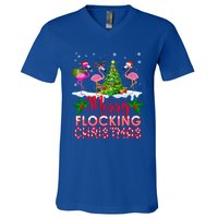 Flamingo Noel Hats Dancing On Snow Merry Flocking Christmas Gift V-Neck T-Shirt