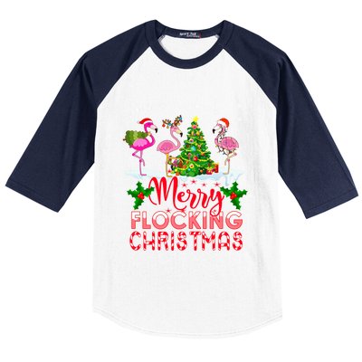 Flamingo Noel Hats Dancing On Snow Merry Flocking Christmas Gift Baseball Sleeve Shirt