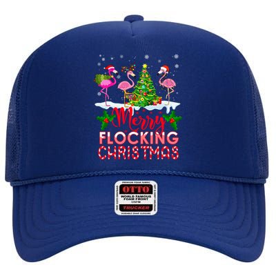 Flamingo Noel Hats Dancing On Snow Merry Flocking Christmas Gift High Crown Mesh Back Trucker Hat