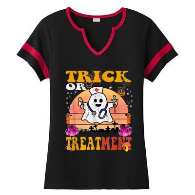 Funny Nurse Halloween Costume Boo Ghost Trick Or Treatment Ladies Halftime Notch Neck Tee