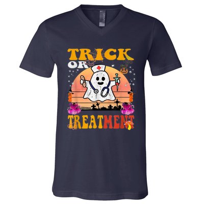 Funny Nurse Halloween Costume Boo Ghost Trick Or Treatment V-Neck T-Shirt