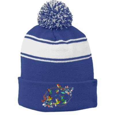Floral Nature Hummingbird Lover Vintage Flowers Hummingbird Gift Stripe Pom Pom Beanie