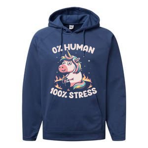 Funny Not Human Just Stressed Unicorn Burn Rainbow Performance Fleece Hoodie