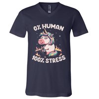 Funny Not Human Just Stressed Unicorn Burn Rainbow V-Neck T-Shirt