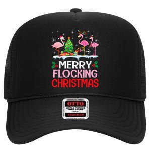 Flamingo Noel Hats Dancing On Snow Merry Flocking Christmas High Crown Mesh Back Trucker Hat