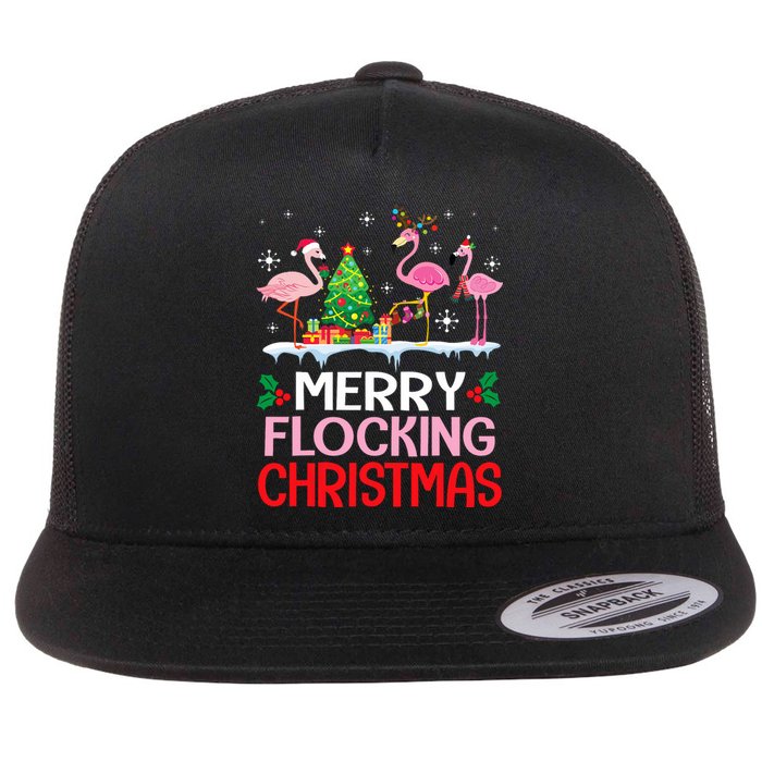 Flamingo Noel Hats Dancing On Snow Merry Flocking Christmas Flat Bill Trucker Hat