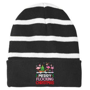 Flamingo Noel Hats Dancing On Snow Merry Flocking Christmas Striped Beanie with Solid Band