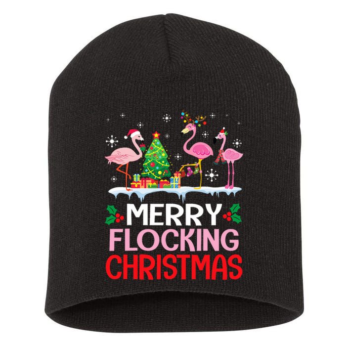 Flamingo Noel Hats Dancing On Snow Merry Flocking Christmas Short Acrylic Beanie