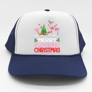 Flamingo Noel Hats Dancing On Snow Merry Flocking Christmas Trucker Hat