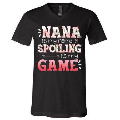 Floral Nana Is My Name Spoiling Is My Game Grandma Life V-Neck T-Shirt