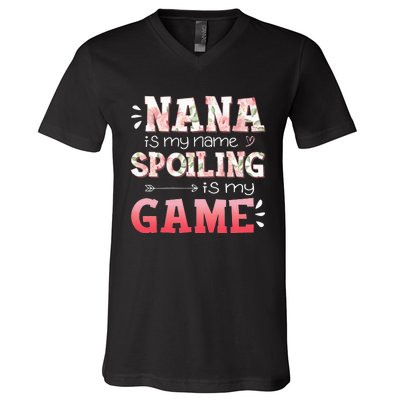 Floral Nana Is My Name Spoiling Is My Game Grandma Life V-Neck T-Shirt