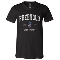 Freehold New Jersey Nj Vintage American Flag Sports Design V-Neck T-Shirt