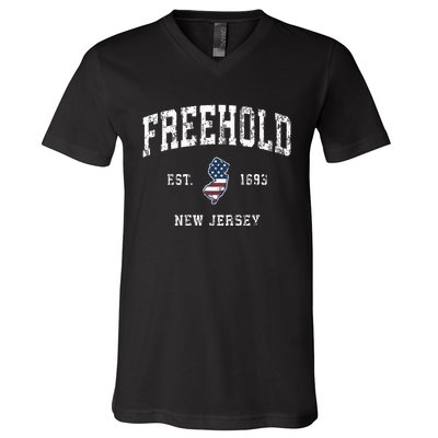 Freehold New Jersey Nj Vintage American Flag Sports Design V-Neck T-Shirt