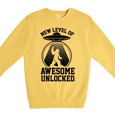 Funny New Level Of Awesome Unlocked Ufo Bigfoot Sasquatch Gift Premium Crewneck Sweatshirt