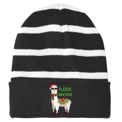 Fleece Navidad Llama Spanish Christmas Llama Striped Beanie with Solid Band