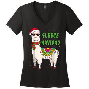 Fleece Navidad Llama Spanish Christmas Llama Women's V-Neck T-Shirt