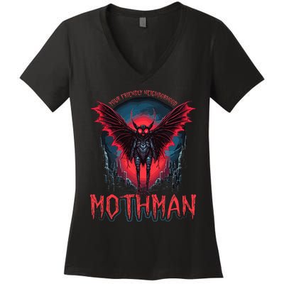 Friendly Neighborhood Mothman Cryptid Folklore Mothman Women's V-Neck T-Shirt