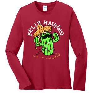 Feliz Navidad Merry Christmas Cactus Funny Humor Spanish Ladies Long Sleeve Shirt