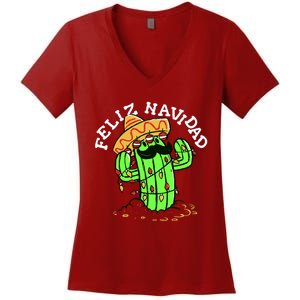 Feliz Navidad Merry Christmas Cactus Funny Humor Spanish Women's V-Neck T-Shirt