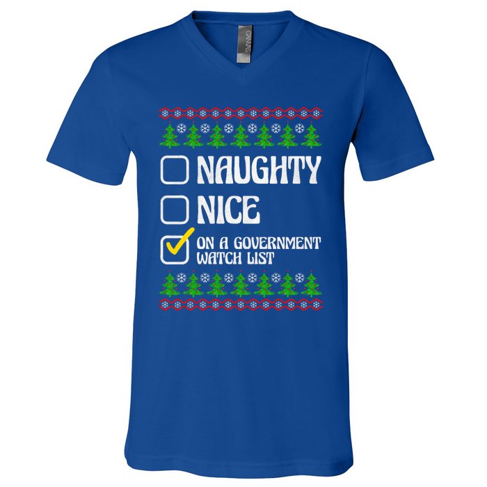 Funny Naughty Nice On A Government Watch List Christmas Xmas  V-Neck T-Shirt