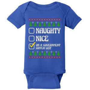 Funny Naughty Nice On A Government Watch List Christmas Xmas  Baby Bodysuit