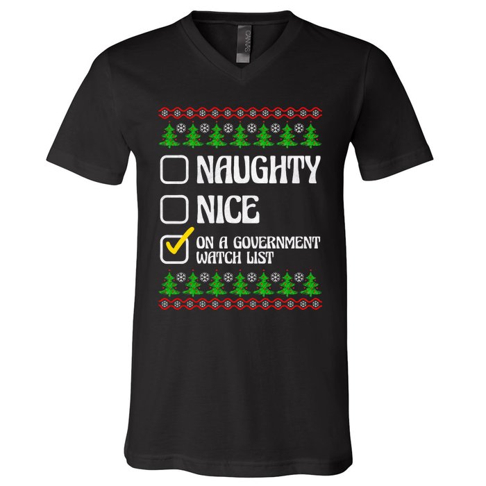 Funny Naughty Nice On A Government Watch List Christmas Xmas  V-Neck T-Shirt