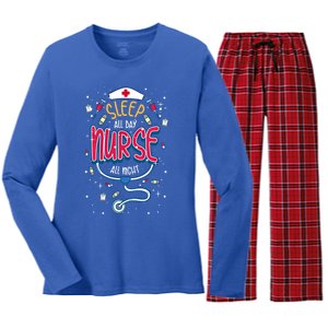 Fun Nurse Night Shift Cute Gift I Sleep All Day Nurse All Night Women's Long Sleeve Flannel Pajama Set 