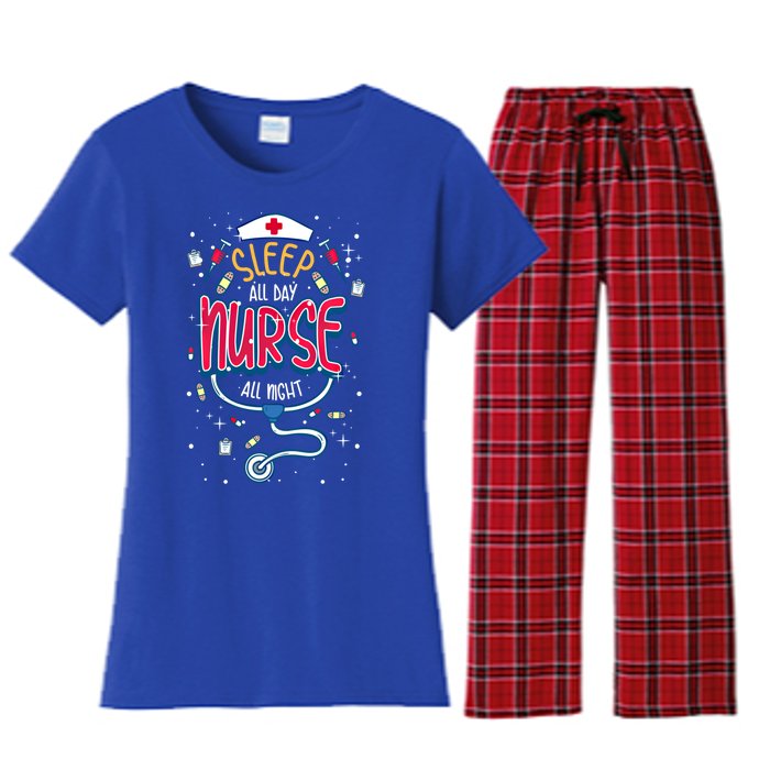 Fun Nurse Night Shift Cute Gift I Sleep All Day Nurse All Night Women's Flannel Pajama Set