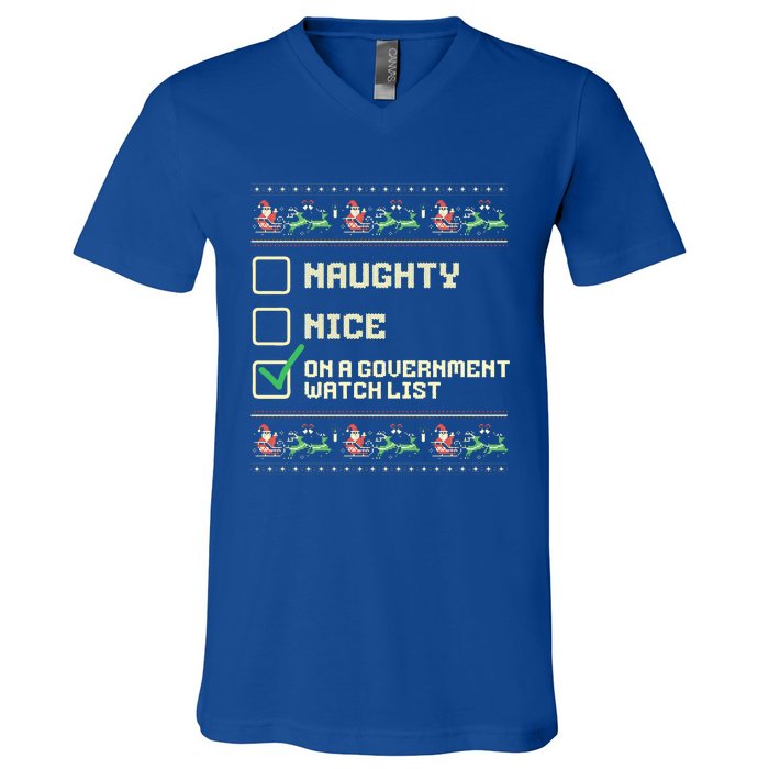 Funny Naughty Nice On A Government Watch List Christmas Xmas V-Neck T-Shirt