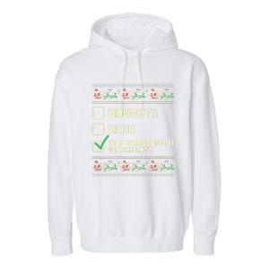 Funny Naughty Nice On A Government Watch List Christmas Xmas Garment-Dyed Fleece Hoodie