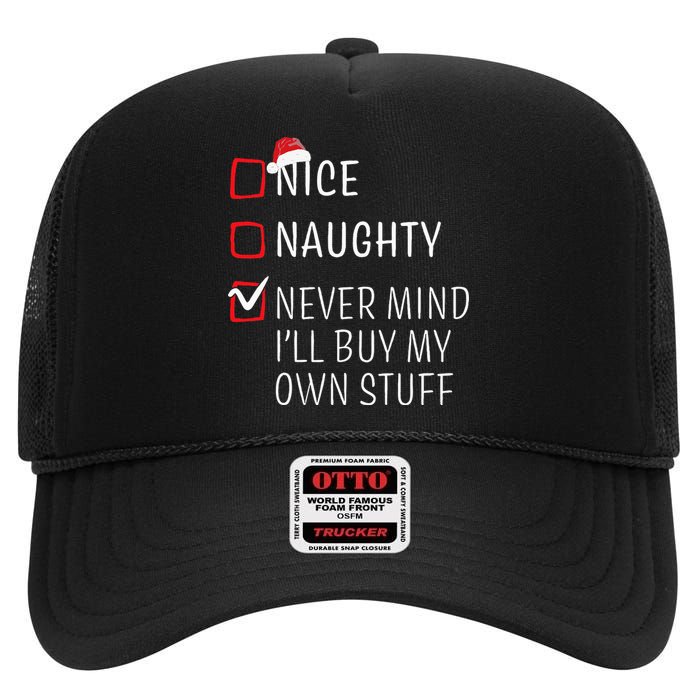 Funny Naughty Nice Christmas Family Pajama High Crown Mesh Back Trucker Hat