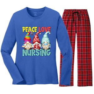 Funny New Nurse And Hippie Gnome Peace Love Nursing Great Gift Women's Long Sleeve Flannel Pajama Set 