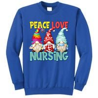 Funny New Nurse And Hippie Gnome Peace Love Nursing Great Gift Tall Sweatshirt