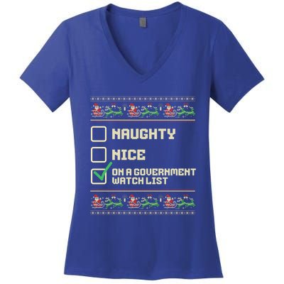 Funny Naughty Nice On A Governt Watch List Christmas Xmas Funny Gift Women's V-Neck T-Shirt