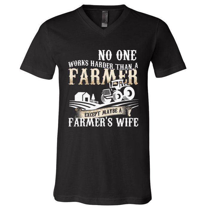 Funny No One Works Harder Than A Farmer Wife Tractor Farm V-Neck T-Shirt