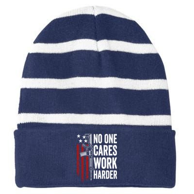 Funny No One Cares Work Harder Meme Nobody Cares Work Harder Motivation Shirt Striped Beanie with Solid Band