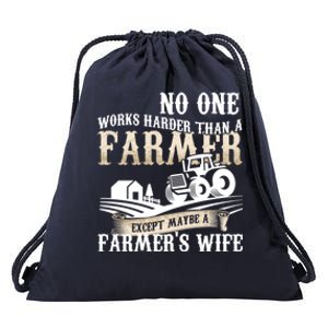 Funny No One Works Harder Than A Farmer Wife Tractor Farm Gift Drawstring Bag