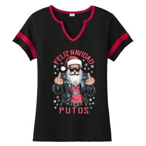 Feliz Navidad Putos Funny Rude Spanish Santa Middle Finger Ladies Halftime Notch Neck Tee