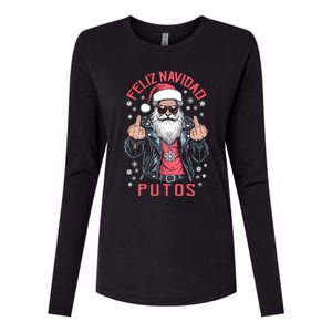 Feliz Navidad Putos Funny Rude Spanish Santa Middle Finger Womens Cotton Relaxed Long Sleeve T-Shirt