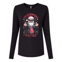 Feliz Navidad Putos Funny Rude Spanish Santa Middle Finger Womens Cotton Relaxed Long Sleeve T-Shirt