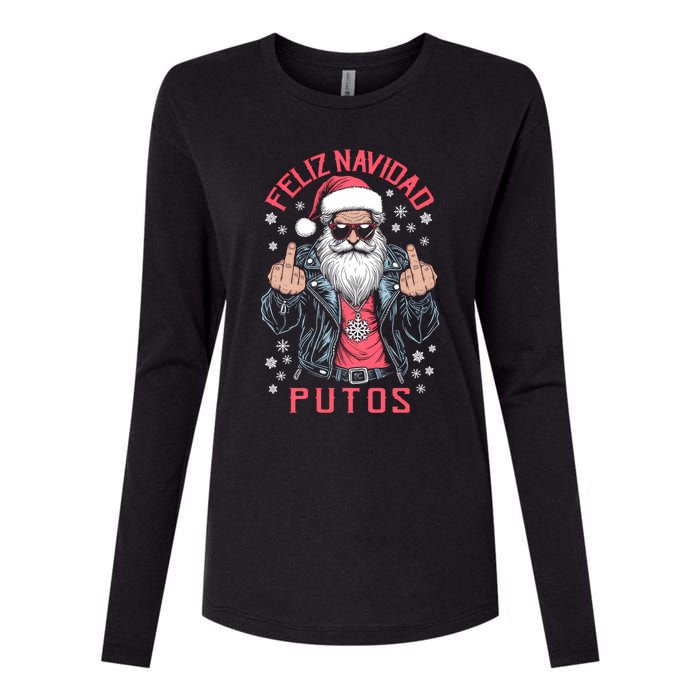 Feliz Navidad Putos Funny Rude Spanish Santa Middle Finger Womens Cotton Relaxed Long Sleeve T-Shirt