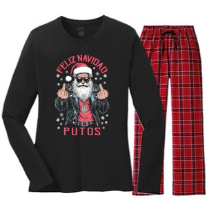 Feliz Navidad Putos Funny Rude Spanish Santa Middle Finger Women's Long Sleeve Flannel Pajama Set 