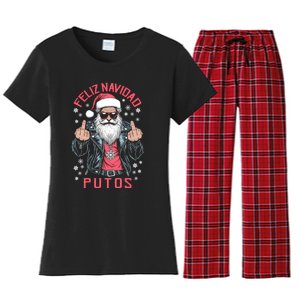 Feliz Navidad Putos Funny Rude Spanish Santa Middle Finger Women's Flannel Pajama Set