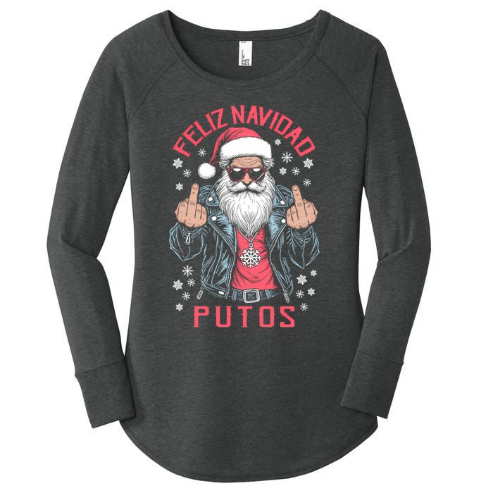 Feliz Navidad Putos Funny Rude Spanish Santa Middle Finger Women's Perfect Tri Tunic Long Sleeve Shirt