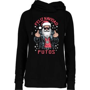 Feliz Navidad Putos Funny Rude Spanish Santa Middle Finger Womens Funnel Neck Pullover Hood