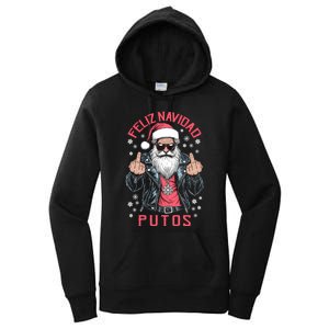 Feliz Navidad Putos Funny Rude Spanish Santa Middle Finger Women's Pullover Hoodie