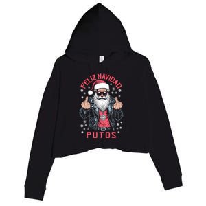 Feliz Navidad Putos Funny Rude Spanish Santa Middle Finger Crop Fleece Hoodie