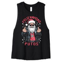 Feliz Navidad Putos Funny Rude Spanish Santa Middle Finger Women's Racerback Cropped Tank